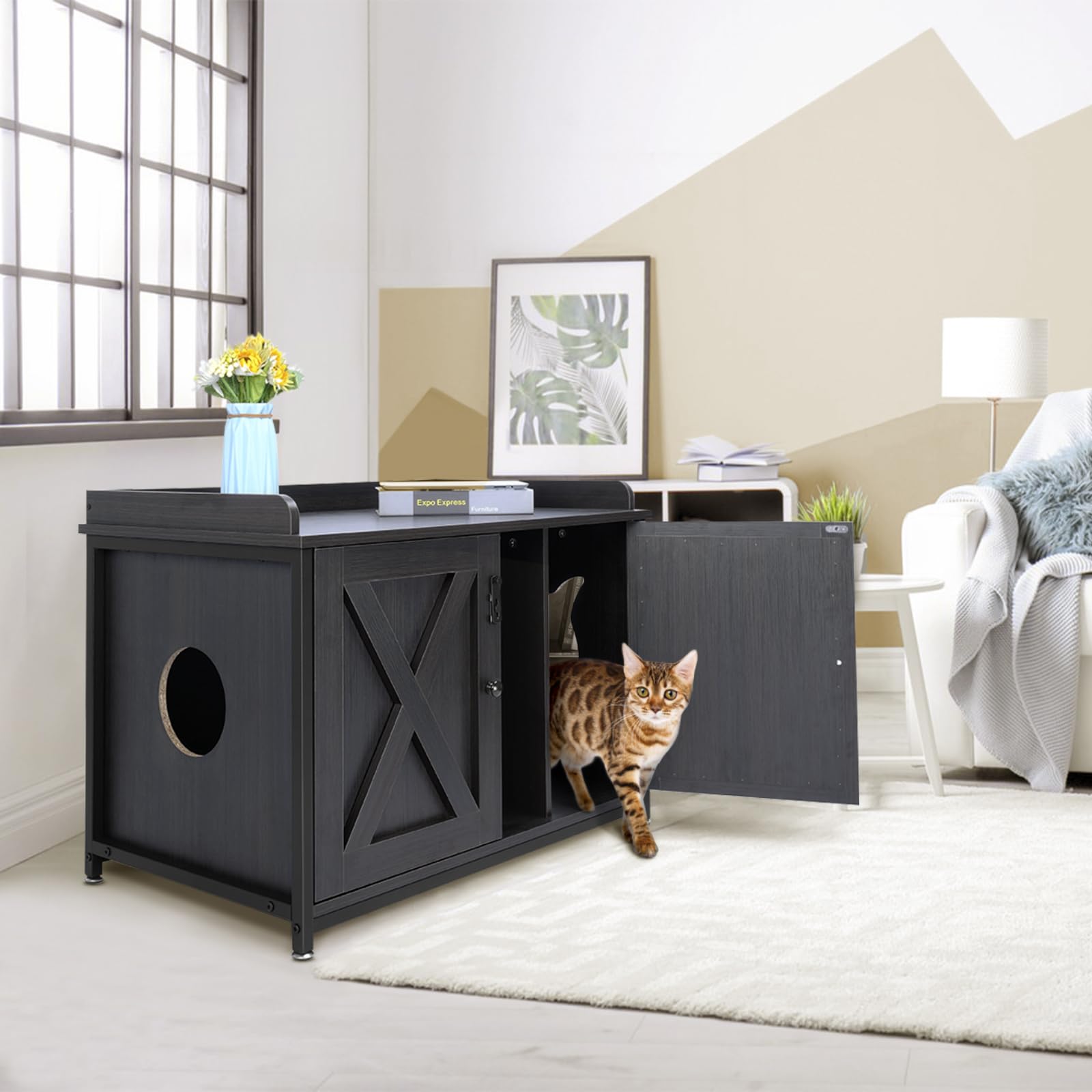 AZAMIA Cat Litter Box Furniture, Wooden Litterbox Hidden Enclosure