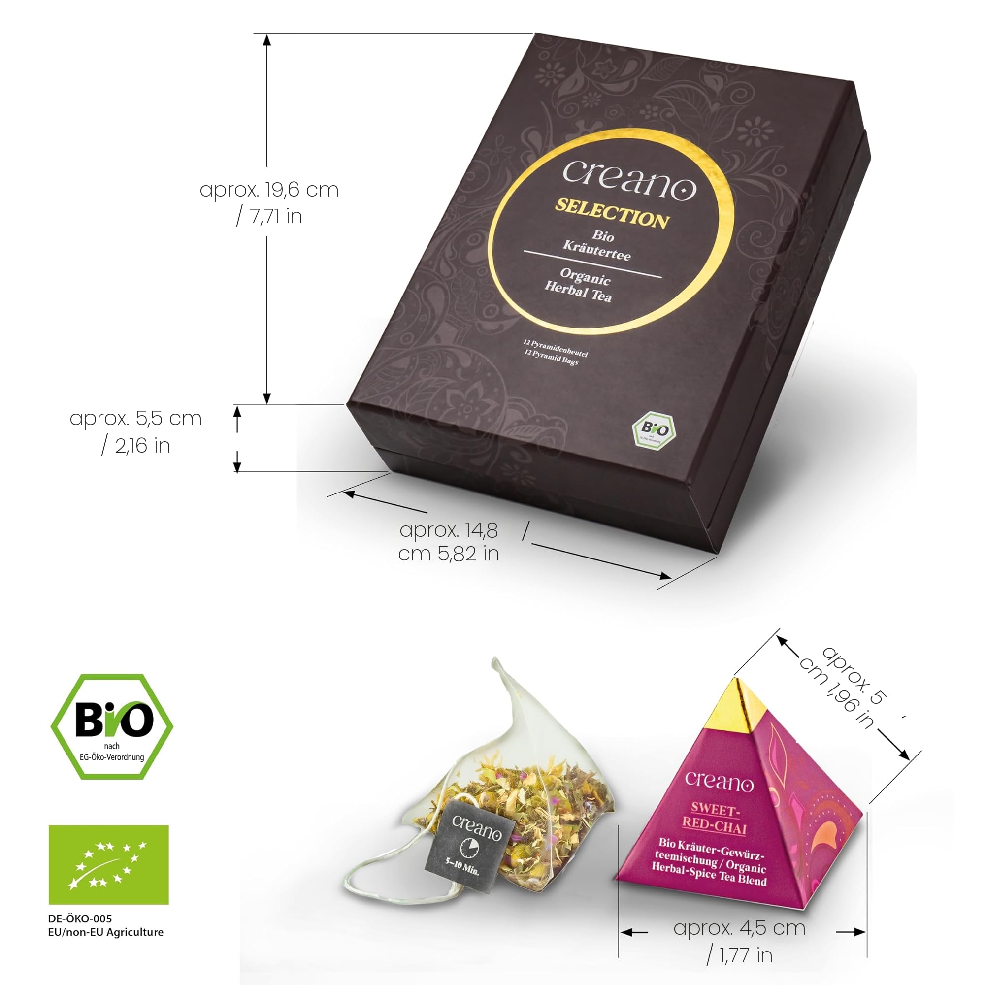 Creano Set de Regalo de Té Bio Premium Pyramide Infusión de Hierbas y Té Verde con 14 Bolsitas Piramidales en 9 Variedades Surtidas *