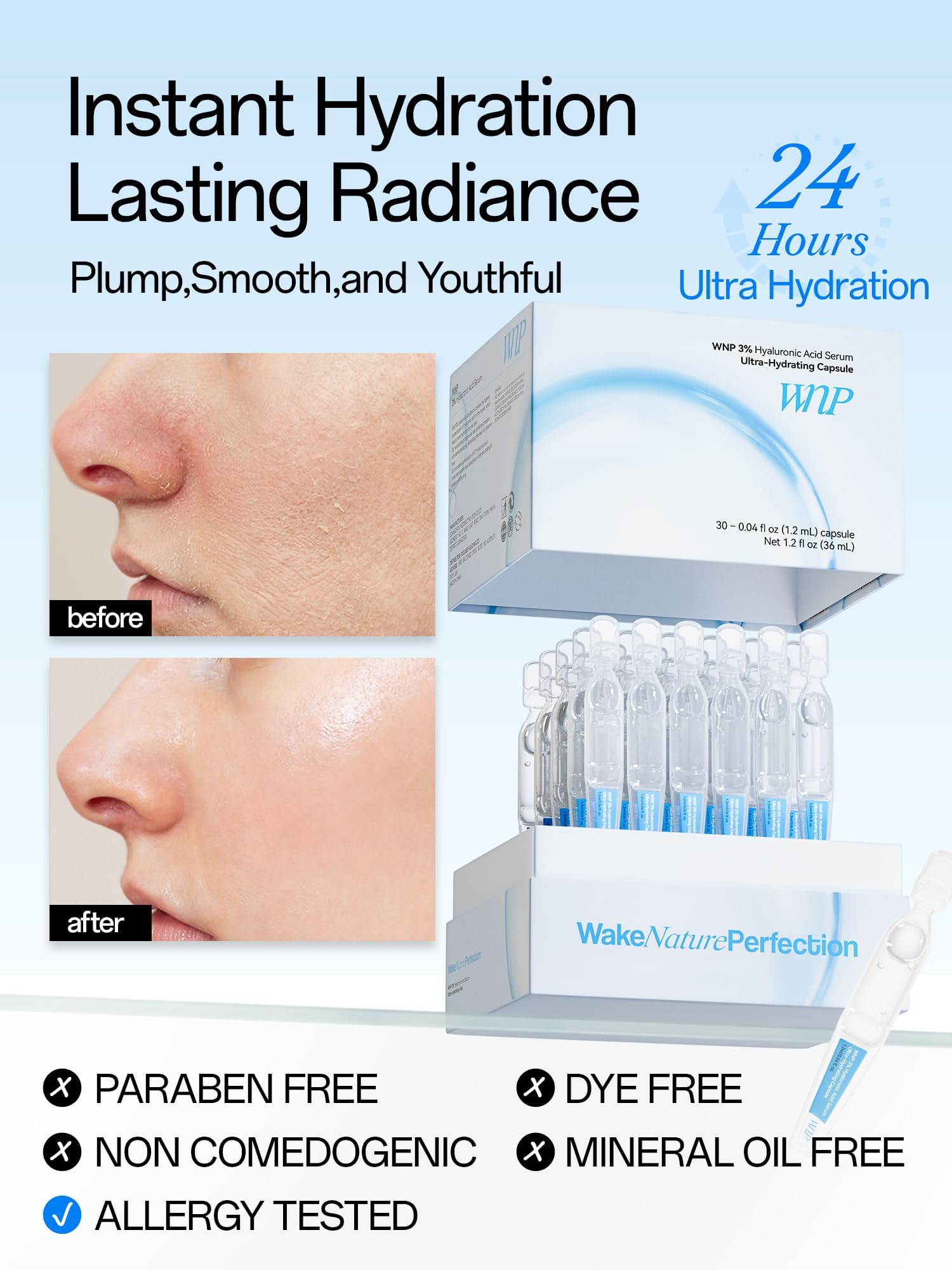 WNP 3 % Hyaluronsäure-Serum für das Gesicht mit 4D-Mehrschicht-Hydratation, ultra-feuchtigkeitsspendendes Anti-Aging-Serum, feuchtigkeitsspendend für trockene, empfindliche Haut