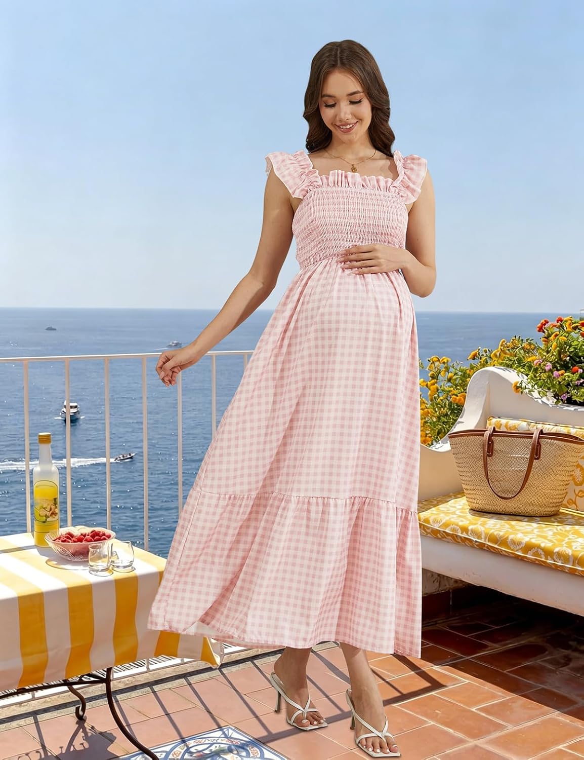 Off the Shoulder Maternity Dress for Baby Shower & Photoshoot, Retro Plaid Ruffle Sleeve Maxi Dress for Summer Pregnancy