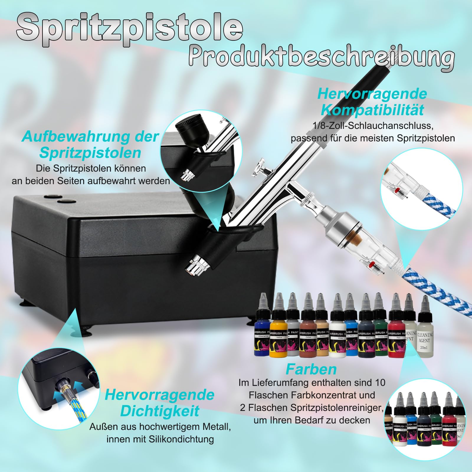 55PSI Airbrush-Set mit Kompressor, Doppelwirkungs-Airbrush mit 3 Modi und 0,2/0,3/0,5 mm Düsen, Enthält 10 Flaschen Acrylfarbe und 2 Flaschen Reinigungslösung Geeignet für Bastelarbeiten, Tattoos us.