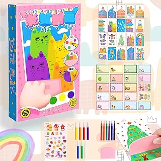 Xinlon 35 Piezas DIY Rainbow Painting Art, Juego de Pintura para Rascar, Rascar imágenes para niños, Incluir 20 dibujos 7 colores del arco iris, 6 lápiz acuarelable, pegatinas, paleta(Siete Colores)