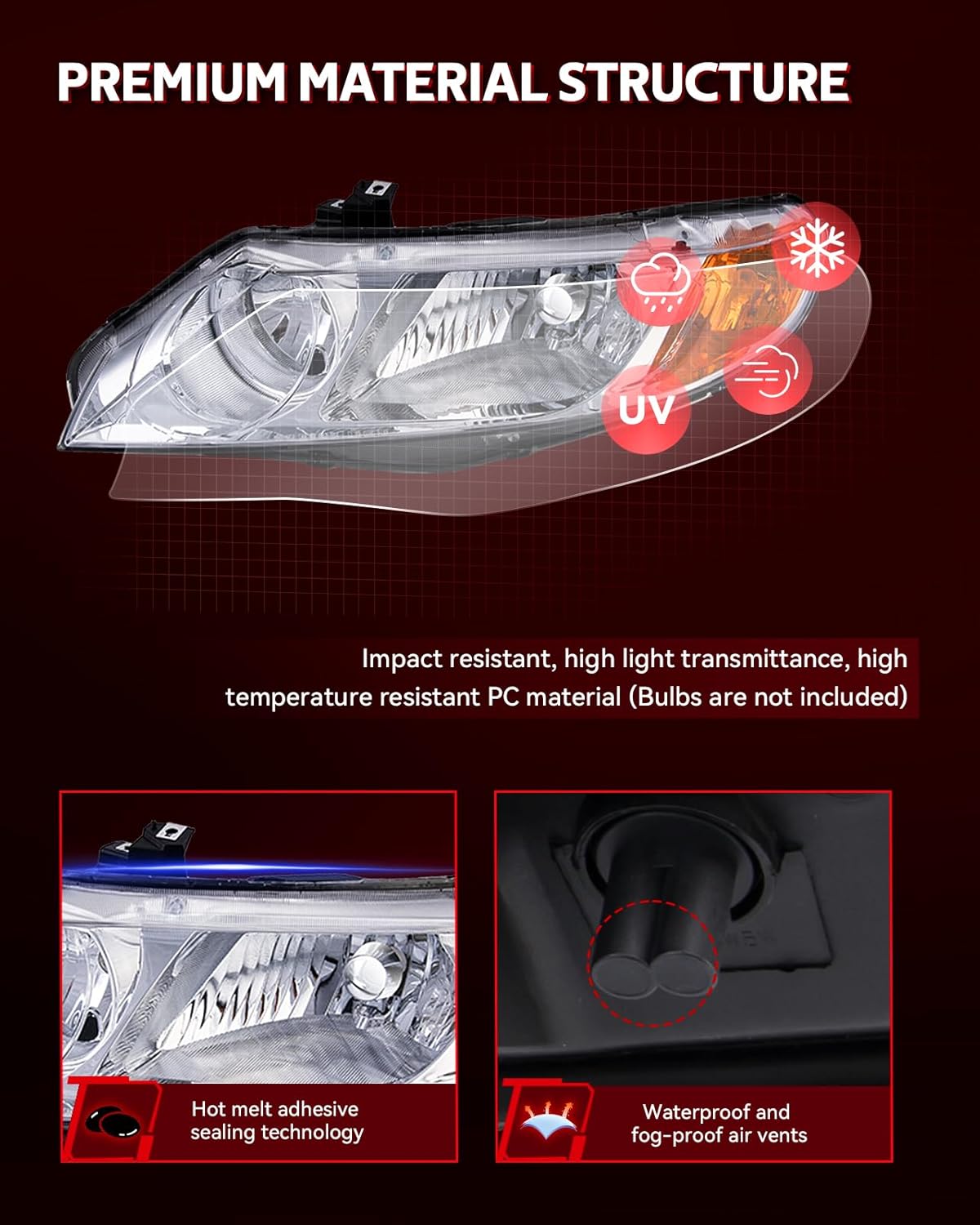 Torchbeam Headlights Assembly Compatible with 2006 2007 2008 2009 2010 2011 Civic Pair Front Light Chrome Housing Amber Reflector Headlamp Replacement Driver & Passenger Side