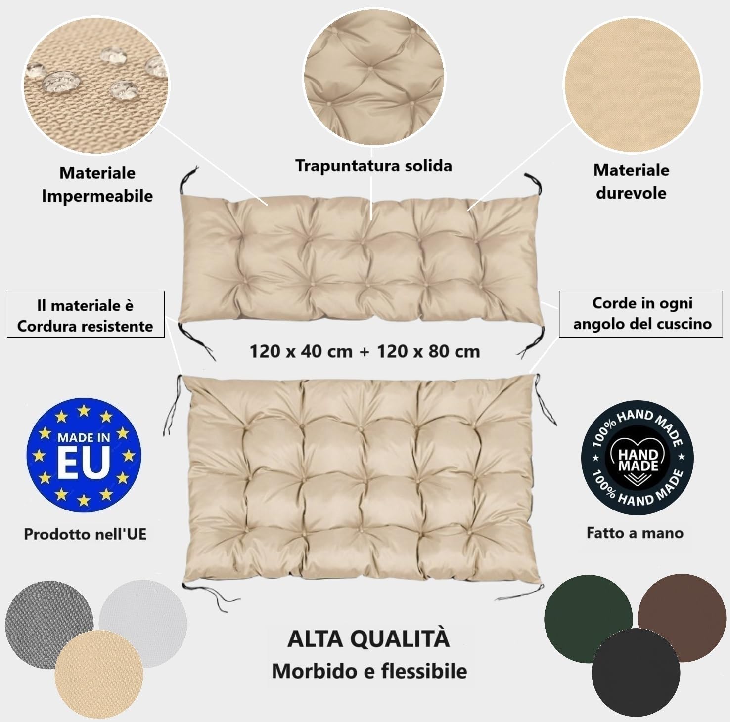 Set di cuscini per pallet 2 pezzi: cuscino per seduta 120 x 80 cm, schienale 120 x 40 cm – imbottitura morbida, facile da pulire, resistente all’acqua