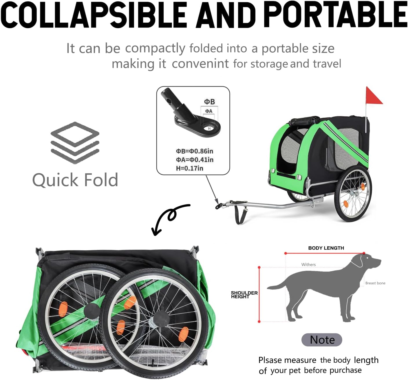 Large Folding Bike Trailer for Dogs – 100Lb Capacity All-Terrain Pet Carrier, Steel Frame for Cycling, Jogging, Camping & Outdoor Adventures, Black- Green Outdoor Ready