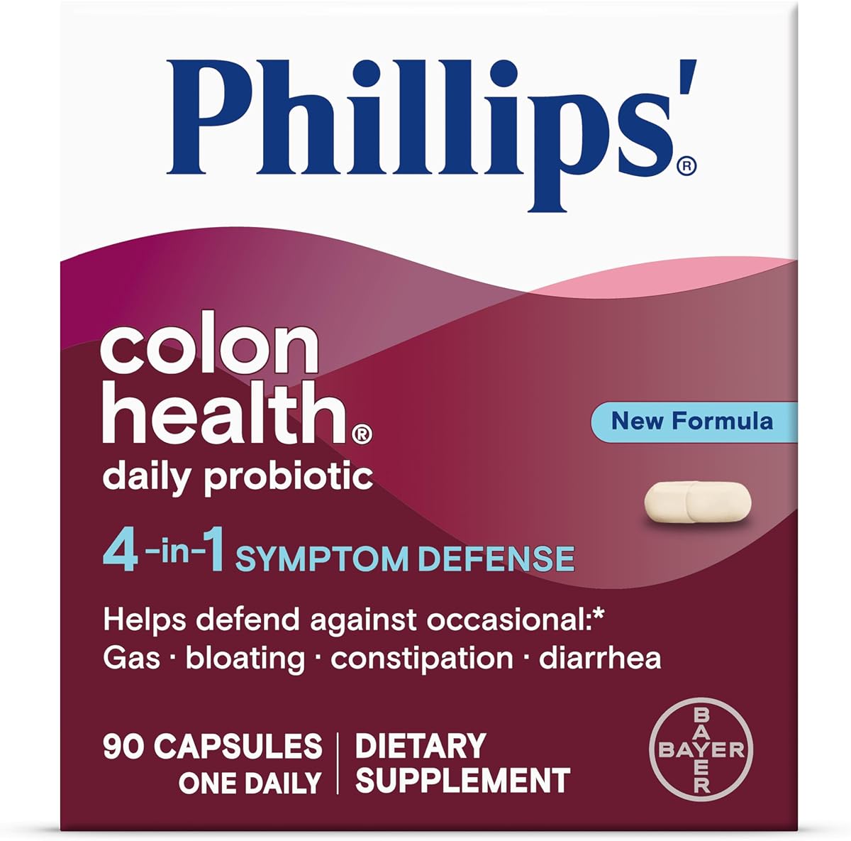 Cápsulas probióticas diarias Phillips' Colon Health, defensa de síntomas 4 en 1 para ayudar a defender contra gases ocasionales, hinchazón, estreñimiento y diarrea, suplemento diario, 90 unidades