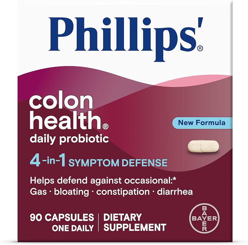 Cápsulas probióticas diarias Phillips' Colon Health, defensa de síntomas 4 en 1 para ayudar a defender contra gases ocasionales, hinchazón, estreñimiento y diarrea, suplemento diario, 90 unidades