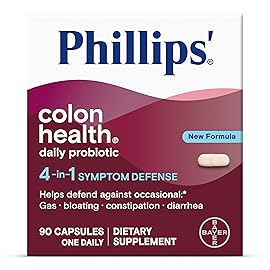 Phillips\' Colon Health Daily Probiotic Capsules, 4-in-1 Symptom Defense to Help Defend Against Occasional Gas, Bloating, Constipation, and Diarrhea, Daily Supplement, 90 Count