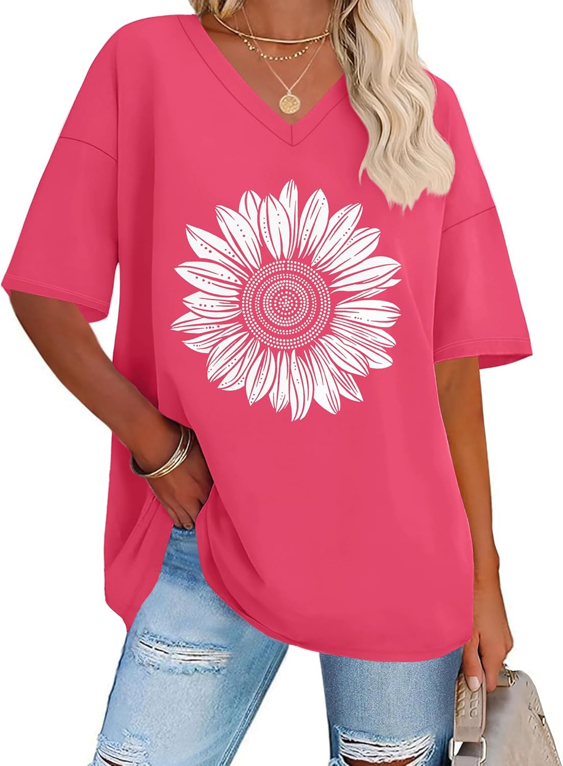 ADOREJOY Oversized Tshirts for Women V Neck Summer Graphic Tees Casual Short Sleeve Loose Tops