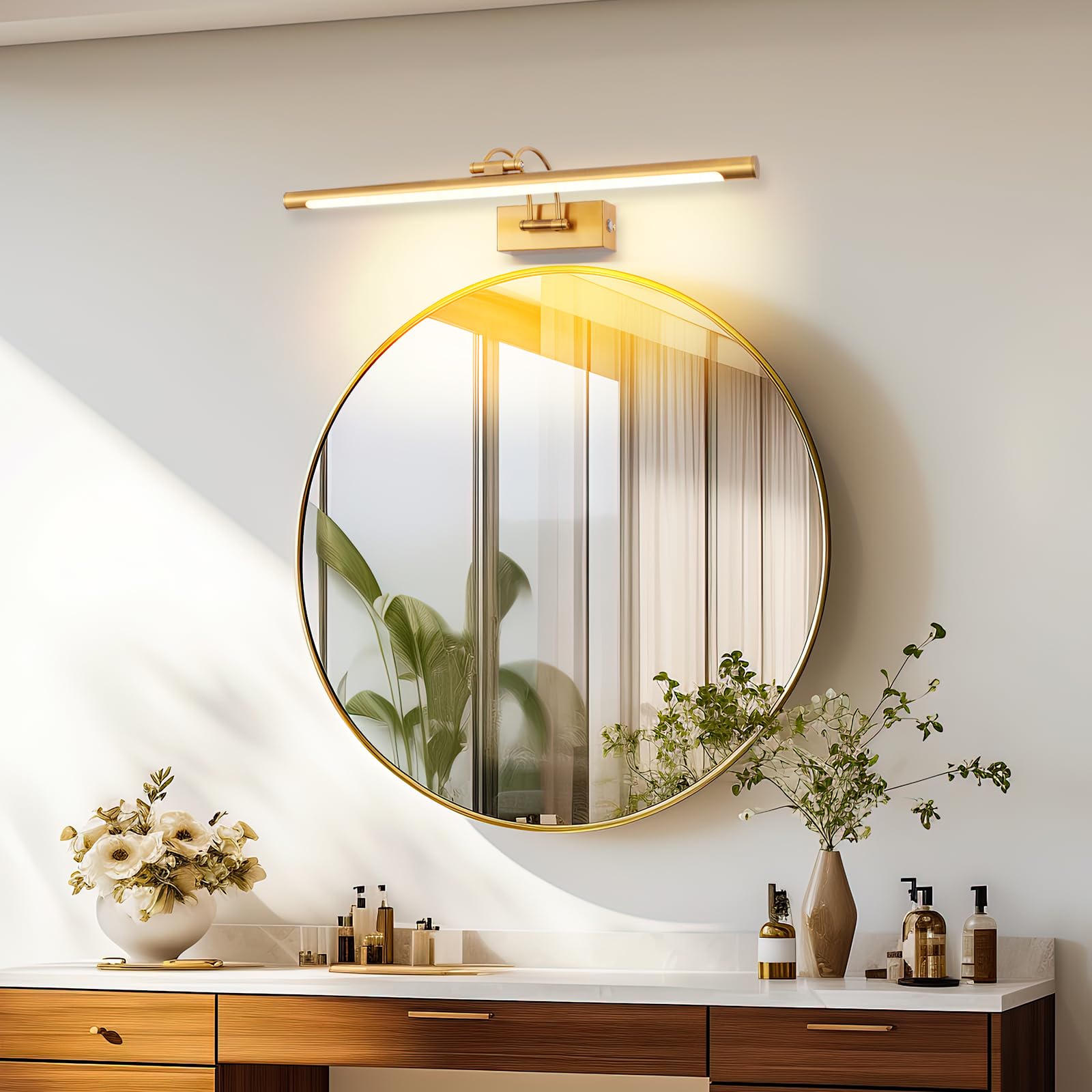 MantoLite Lámpara de Pared LED Regulable 15W, 60CM Interior Iluminación para Cuadros y Expositores, Cabeza Giratoria, Lectura, Latón Mate, Baño Espejo Apliques de Pared 3000K/4000K/6000K
