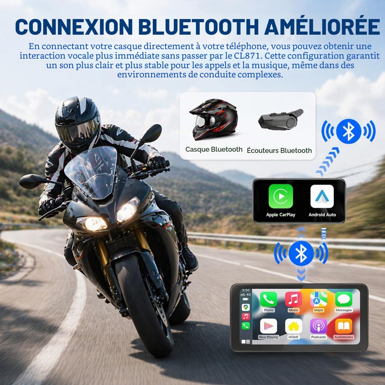 Spedal Moto Carplay et Android Auto, Écran Moto 6.25" Tactile Étanche – GPS Portable, Bluetooth, Navigation, Musique, Siri/G00gle Assistant (CL871)