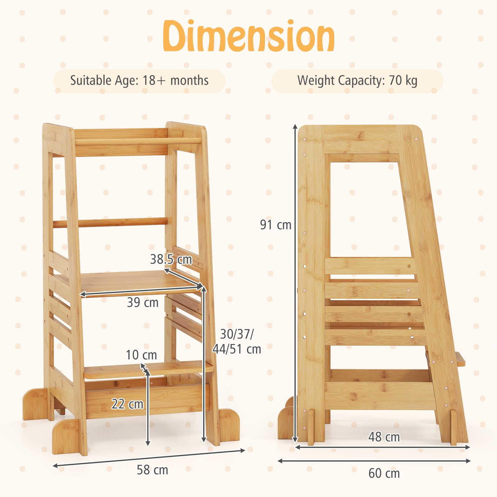 FANTASK Tritthocker Kinder aus Bambus, Lernturm höhenverstellbar mit Sicherheitsgeländer & rutschfestem Design, Montessori Trittleiter bis 70 kg belastbar für Küche & Bad, Natur