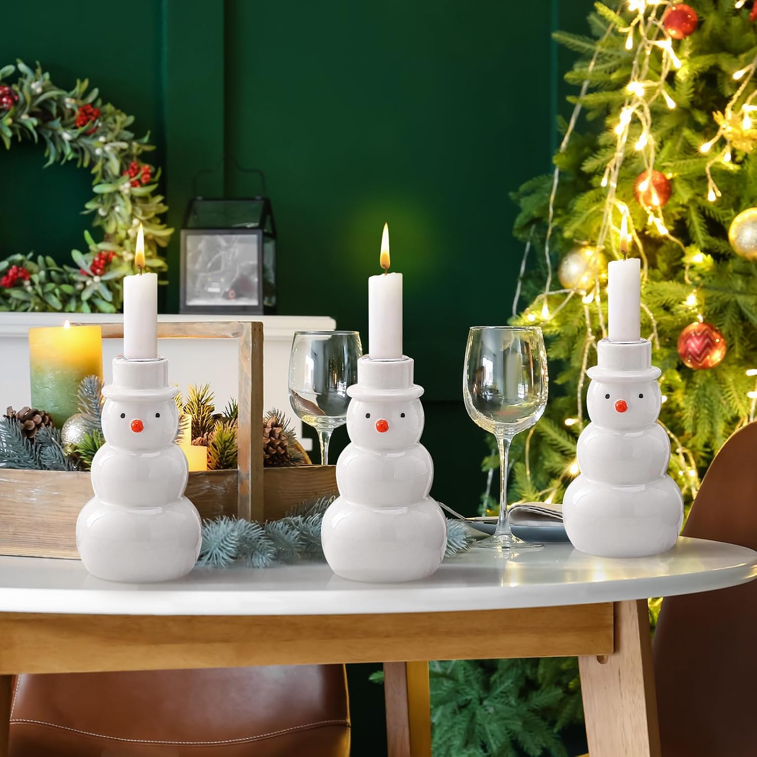 Mumufy Christmas Snowman Candle Holders Set of 3, Ceramic Christmas Snowman Tabletop Decoration White Porcelain Taper Candlestick for Winter Holiday Farmhouse Fireplace Table Centerpiece Decor