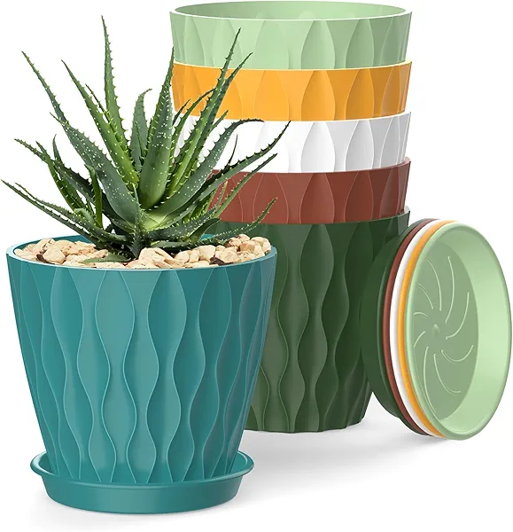 SQKH 4 Inch Plant Pots, 6 Pack Indoor Flower Pots, Planters with Drainage Holes and Trays for Orchids, Violets, Succulents, Herbs, and Other Plants,Corolful