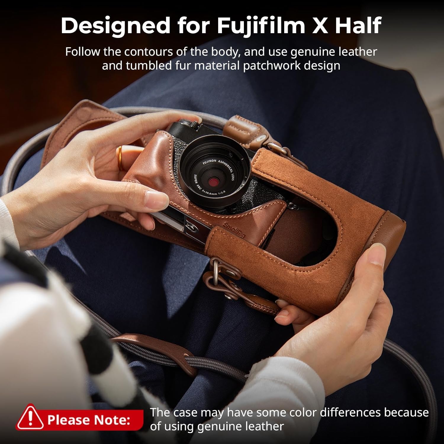 Image showing the Half Leather Case attached to a camera, with a note about potential color differences due to genuine leather.