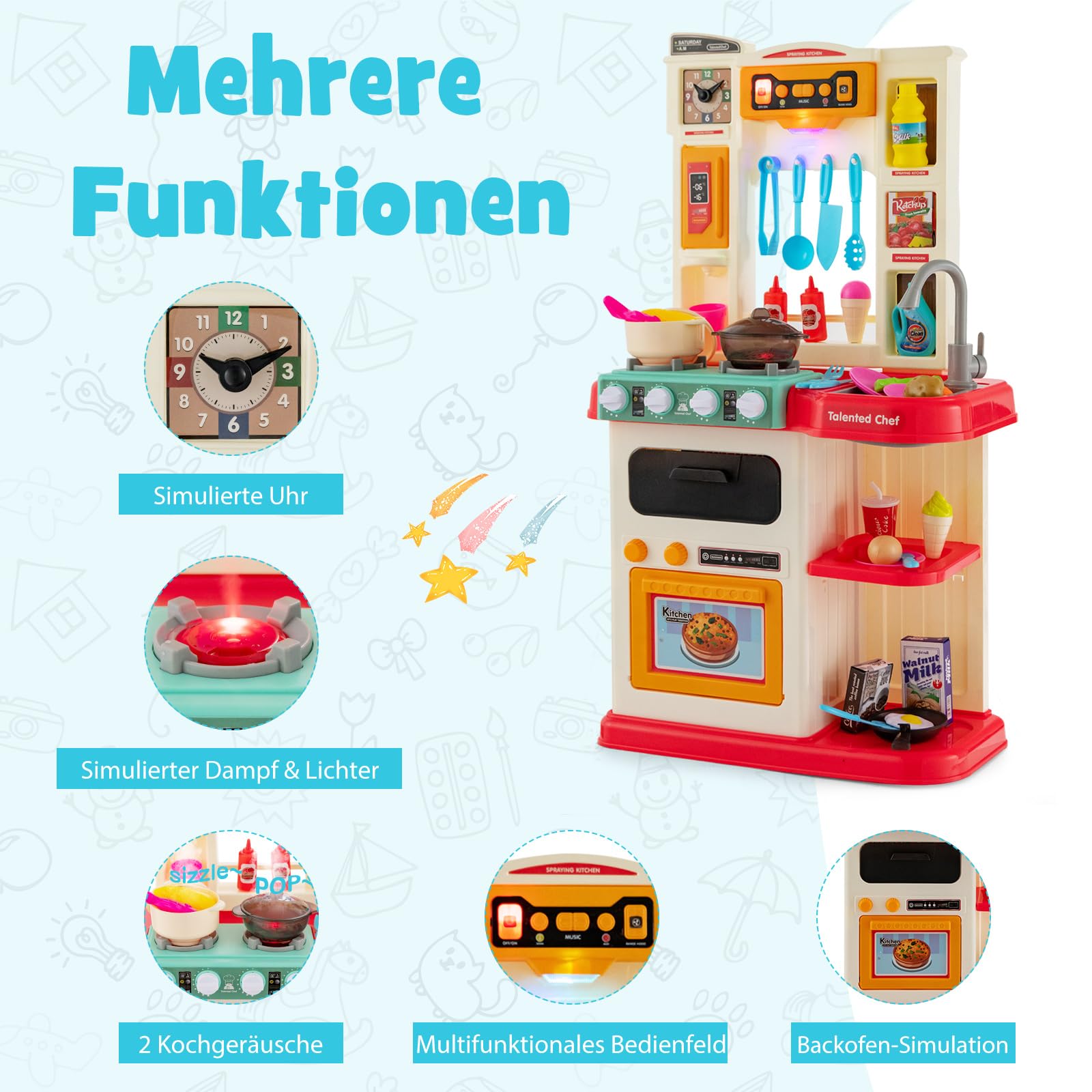 COSTWAY 65 TLG. Kinderküche mit Lichter, Musik und Sound, Spielküche inkl. Zubehör, Kinderspielküche mit Wasserpumpe, Spielzeugküche für Kleinkinder ab 3 Jahren (Rosa)