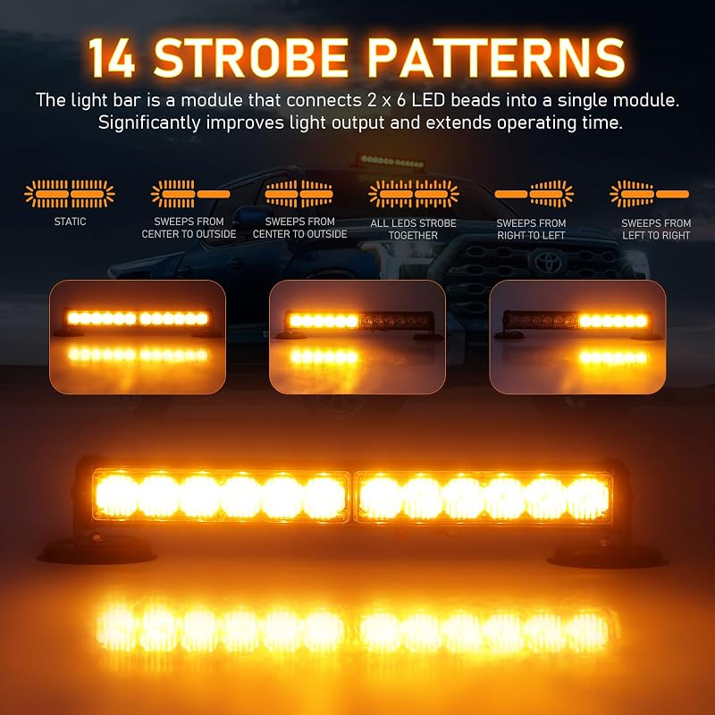 Dinfu 12 Colos LED Figyelmeztető Fénysor - 12V Sárga Villogó Szalag 14 Üzemmóddal - Autó, Teherautó, Traktor Vészjelző Lámpa Szivargyújtós C