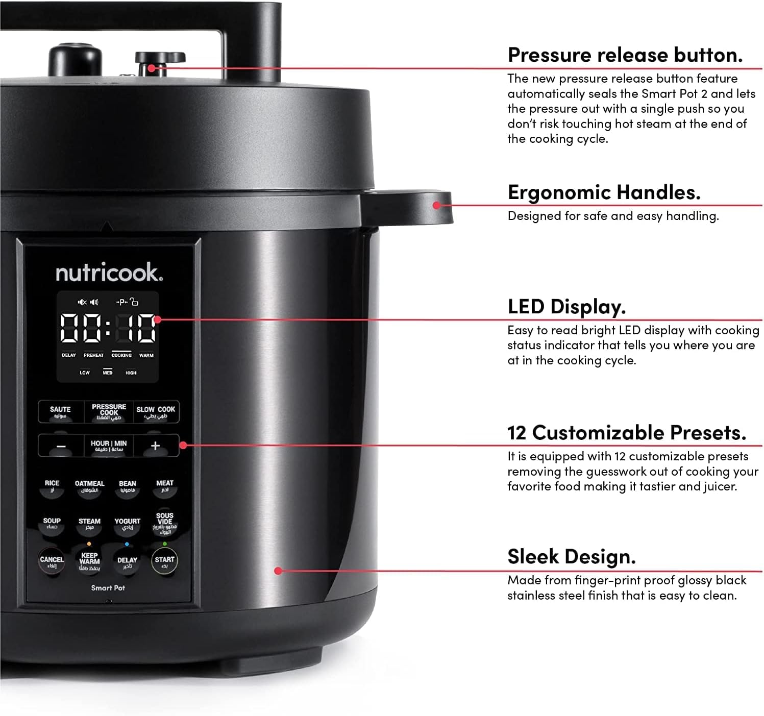 Podrobno view of Nutricook Smart Pot 2 highlighting features like pressure release button, ergonomic handles, LED display, and customizable presets