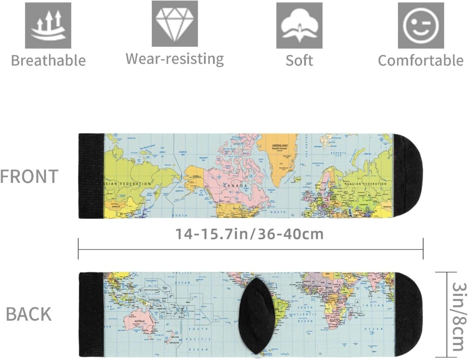 FWSXIVN World Map Vintage Casual Cool 3D Printed Crazy Funny Colorful Fancy Novelty Graphic Crew Tube Socks, Black and White, One Size - Image 6