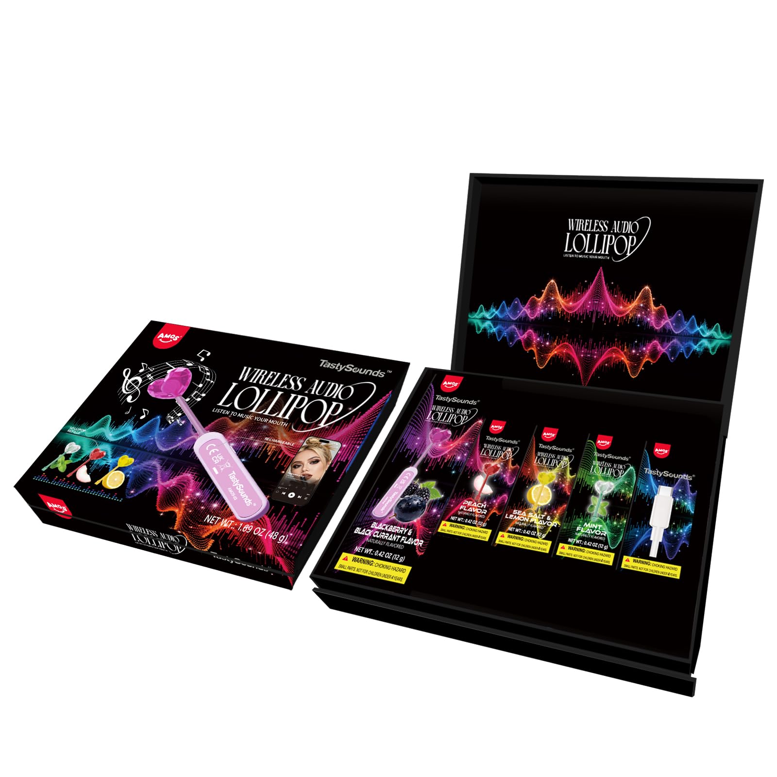 AMOS TastySounds Musical Lollipop, Bone Conduction Technology, Heart-Shaped Mixed-Fruit Flavor...
