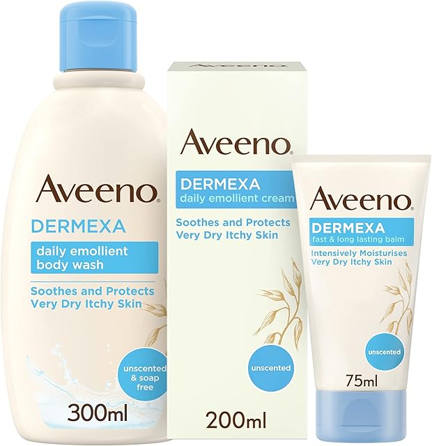 Aveeno Dermexa Regime Bundle Set with Dermexa Daily Emollient Cream 200ml, Dermexa Daily Emollient Body Wash 300ml, and Dermexa Fast and Long Lasting Balm 75ml, Brown