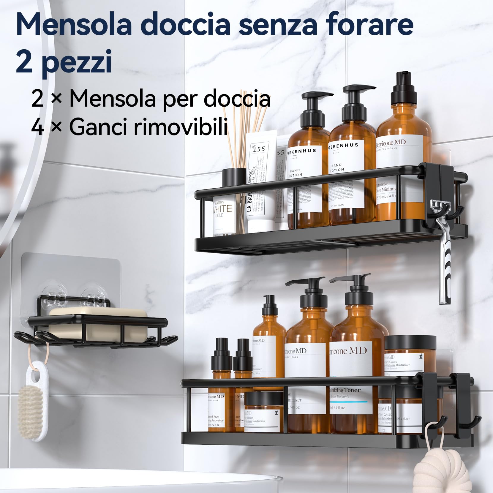 YASONIC 3 Pezzi Mensola doccia senza foratura, portaoggetti doccia con 4 ganci removibili, Organizer bagno con Portasapone doccia, Autoadesivo Mensole Bagno Organizzatore, Nero