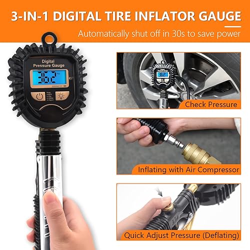 Miniatura 3 de Inflador digital de neumáticos con manómetro, portabrocas de aire de latón de 250 PSI y accesorios de compresor, medidor de presión de neumáticos de