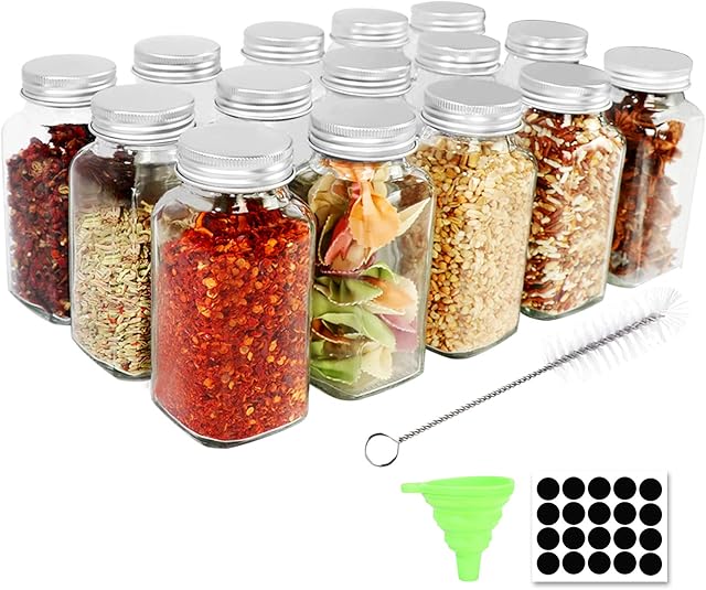 15 Packs, 6oz Glass Spice Jars,Yishik 180ml Square Spice Bottles with Shaker Lids and Airtight Silver Caps for Kitchen Storage & DIY Crafts(20pcs Labels,1 Funnel and 1 Brush include)