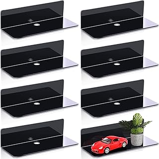 8 Pieces Acrylic Floating Wall Shelves 9 Inches Adhesive Floating Shelf Screwless Shelves Hanging Shelves Small Self Adhesive Display Shelf for Smart Speaker, Action Figures, Security Cameras (Black)