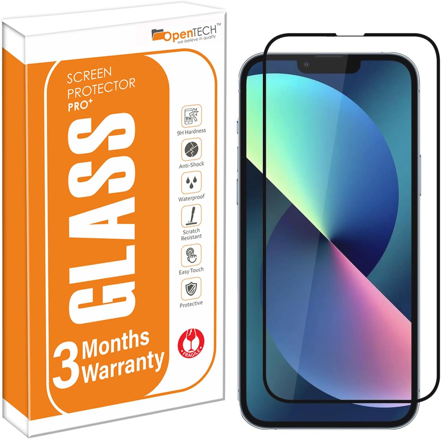 OpenTech® Military-Grade Premium Tempered Glass Screen Protector for iPhone 13/13 Pro / 14 / 16e / 17e with Edge to Edge Coverage - Case Friendly, Anti-scratch and Bubble free installation kit