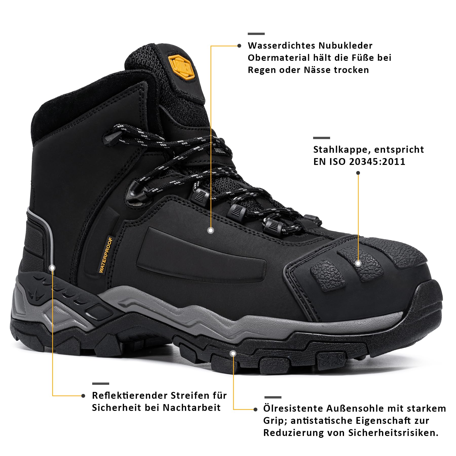 LARNMERN Arbeitsschuhe Herren S3 Wasserdicht WR Sicherheitsschuhe | Antistatisch Durchtrittsicher Stahlkappenschuhe Baustelle Arbeitsstiefel Komfort Sicherheitsstiefel