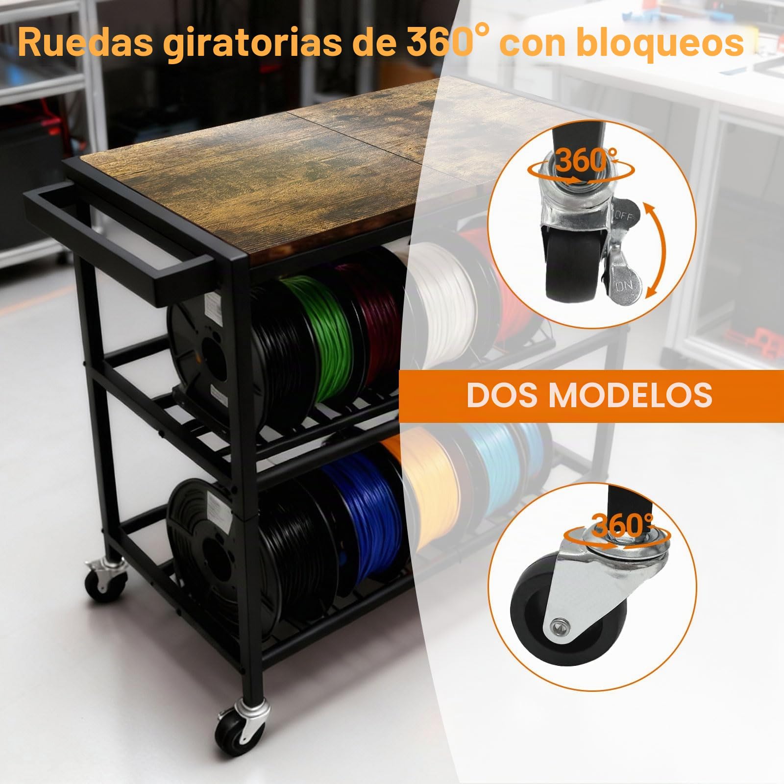 Estantería de almacenamiento de filamentos para impresora 3D con ruedas, estantería para impresora móvil, estante de almacenamiento, soporte de bobina pesado, 3 niveles, accesorios de impresora