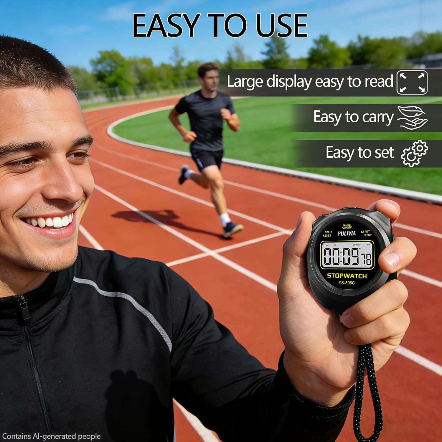 Stopwatch Timer with Countdown, Simple Operation Digital Stop Watch for Sports, Countdown-Alarm Button-Sound, AAA Battery Included (Black)