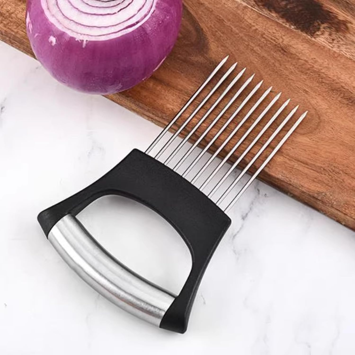 Onion Holder for Cutting Onion Holder Stainless Steel Food Slice Assistant Onion Cutter Holder Manual Safe Vegetable Chopper for Meat Onions Potatoes Tomatoes Lemon