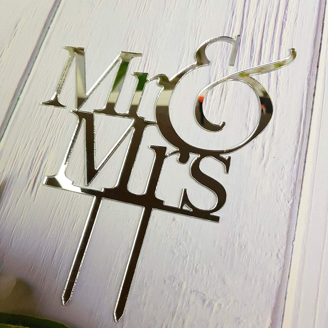 Mr And Mrs Acrylic Cake Topper - Mirror Silver, Bride & Groom Wedding/Engagement Cake Decoration, 6.1x6.5 Inches
