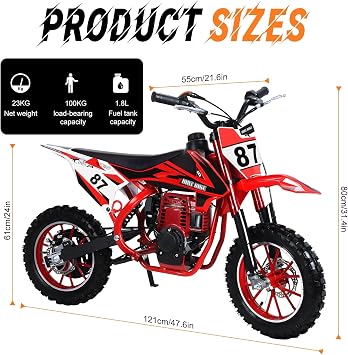 Mini Bike Kids Dirt Bike Motorcycle 49cc 4-Stroke Gas Power Motocross, Beach Off Road Mini Motorcycle, Children Pocket Motorbike with Disc Brakes Red