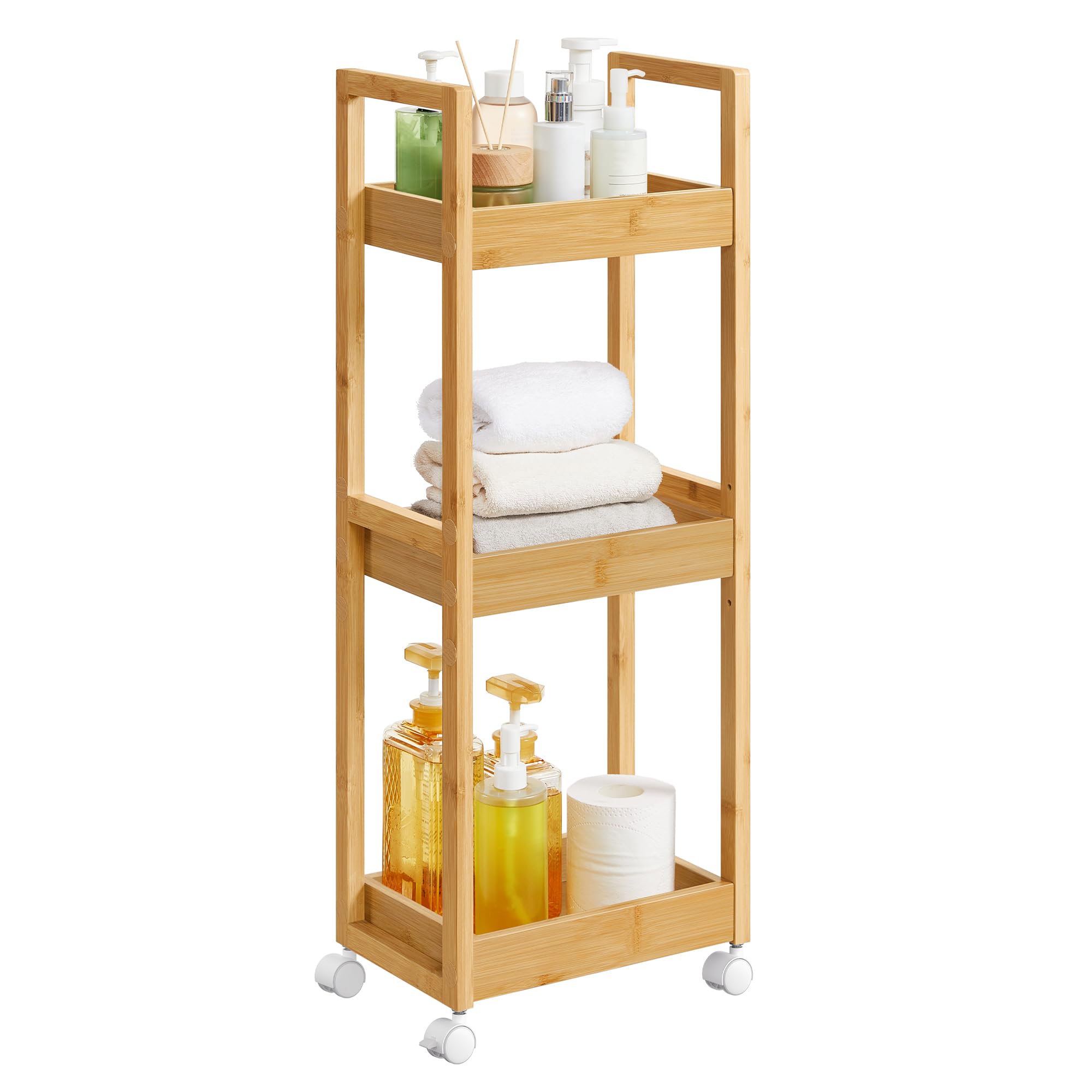 SONGMICS Carrito de Baño 3 Niveles Bambú Estrecho con Ruedas 20x30x80 cm Beige Natural