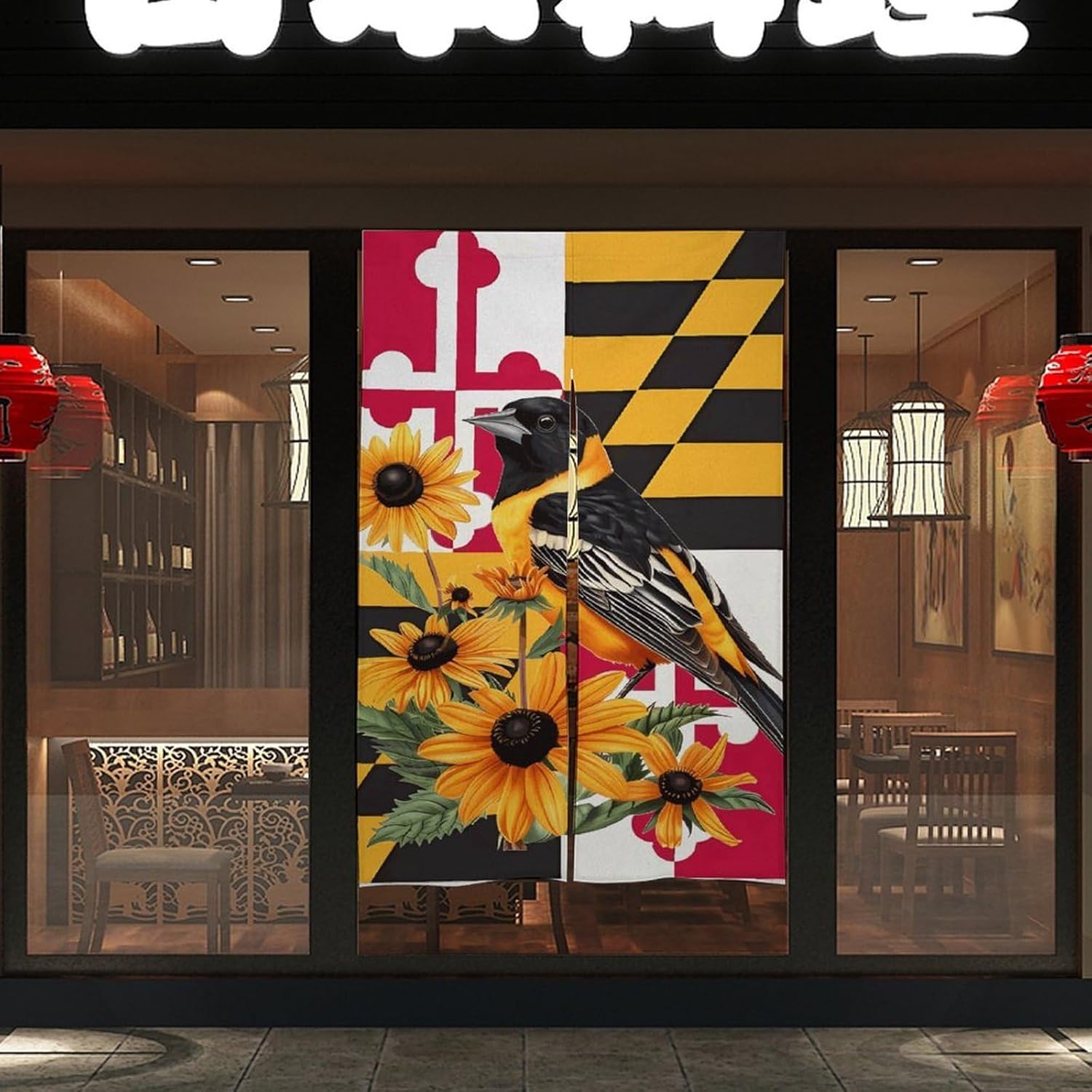 Maryland State Flag Baltimore Oriole Bird Susan Flower Light Blocking Door Curtain, Suitable for Bedroom Entrance
