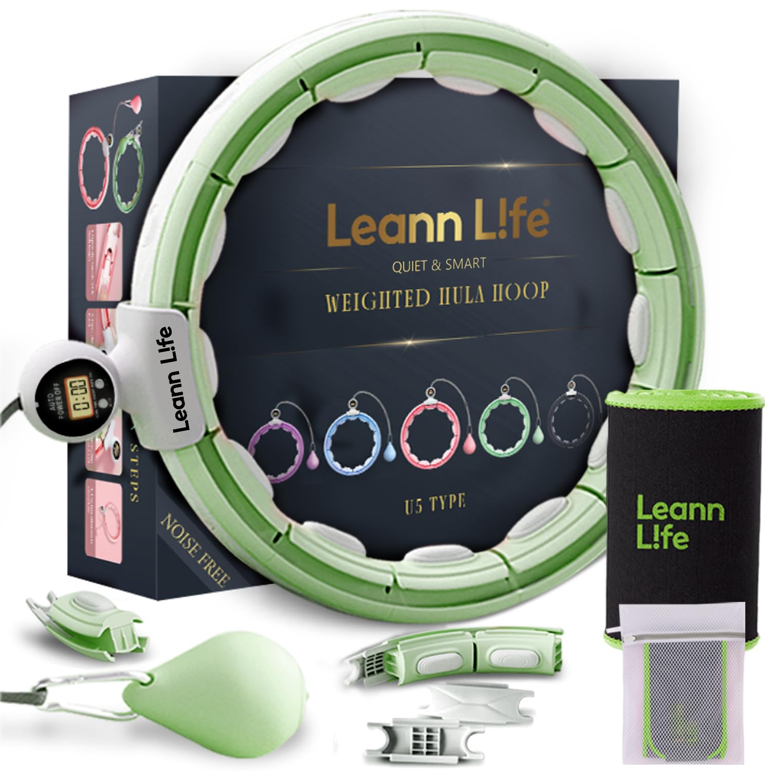 U5 Smart Weighted Hula Hoop mit Zähler & Taillentrimmer - 16 Knoten, 71,1 cm - 116,8 cm verstellbarer Infinity Hoop Übergröße, leise gummierte Räder, Bauchmuskeltraining, Fitness