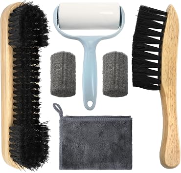 Covzoe 6 Piece Pool Table and Rail Brush Set, Billiard Felt Cleaner Kit with 2 Wooden Brushes, Cue Cleaning Cloth, Sticky Lint Roller and 2 Ferrule Polish Cloth for Cue Table Accessories