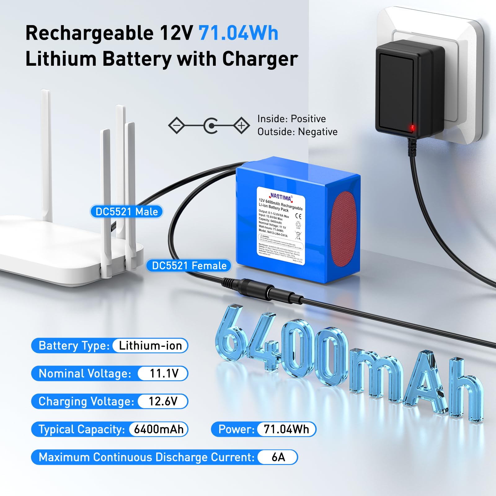 NASTIMA DC 12V 5200mAh Lithium Ion Rechargeable Battery for Wireless Camera, Camcorder, MP3 Player, Body Electronics