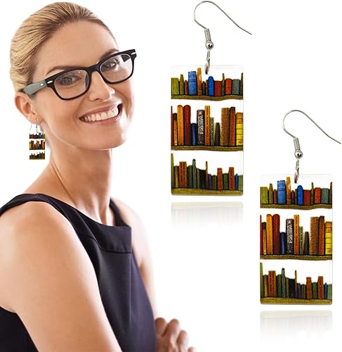 Christmas Gifts Book Earrings for Women Handmade Acrylic Bookcase Dangle Earrings with Book For Book Lovers Gift Library Earrings as Teacher