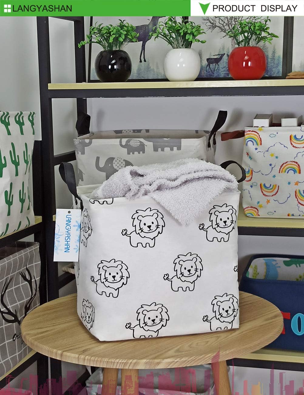 Square Storage Baskets Waterproof Canvas Children Laundry Nursery Hamper for Shelves Gift Baskets Toy Organizer Room Decor(Lion)