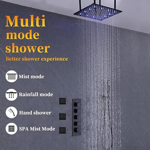 Miniatura 2 de AYIVG Sistema de ducha de lluvia negro mate LED de 16 pulgadas, sistema de ducha termostático con 3 chorros de pulverización corporal que se puede