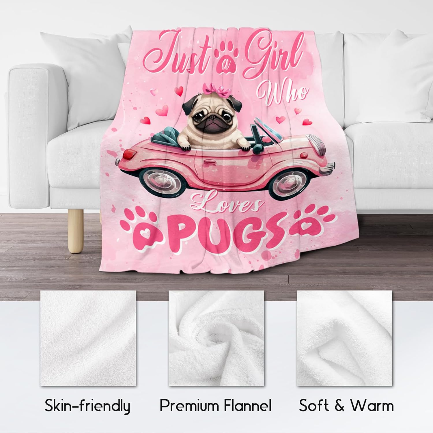 UNIKITTY Pug Gifts for Girls, Pug Blanket for Kids, Fleece Throw Dog Blankets Room Decor, Gift Ideas for Daughter Mom Adults, 50"x60" Flannel Warm Kid Throws for Couch Sofa Bed