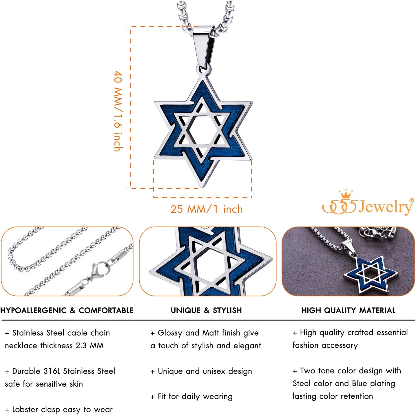 555Jewelry Star of David Necklace for Men, 2 Tone Stainless Steel Jewish Star - Necklace with 16-24 Inch Box Chain - Star of David Pendant