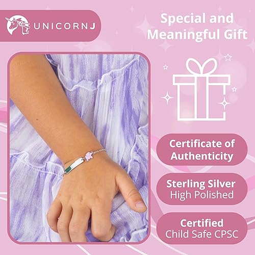Miniatura 4 de UNICORNJ Pulsera de plata de ley 925 grabable con cadena Rolo para niñas con esmalte rosa de 6.5 pulgadas