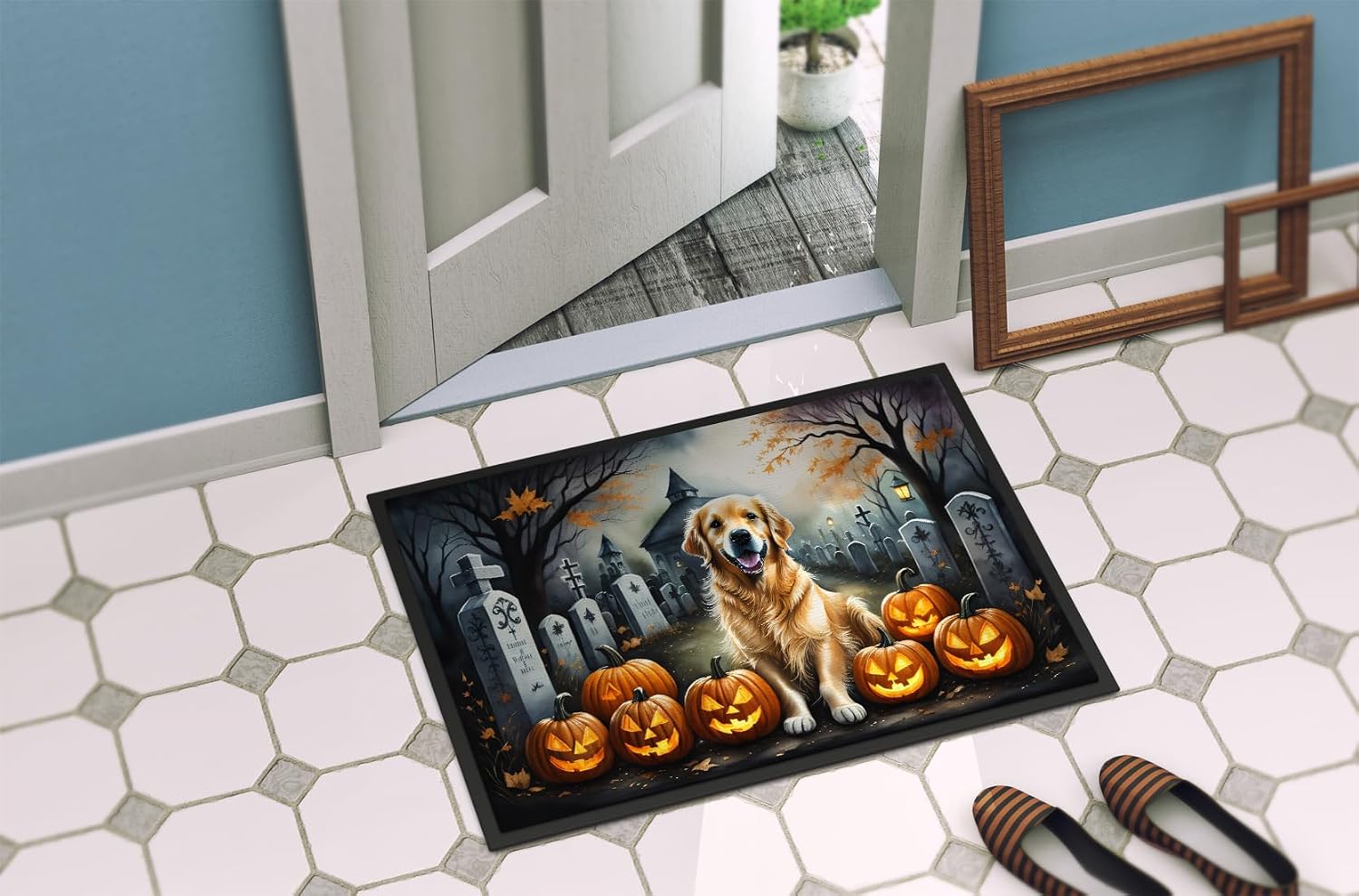 Caroline's Treasures DAC2042JMAT Golden Retriever Spooky Halloween Indoor or Outdoor Mat 24x36 Front Door Mat Indoor Outdoor Rugs for Entryway, Non Slip Washable Low Pile, 24H X 36W