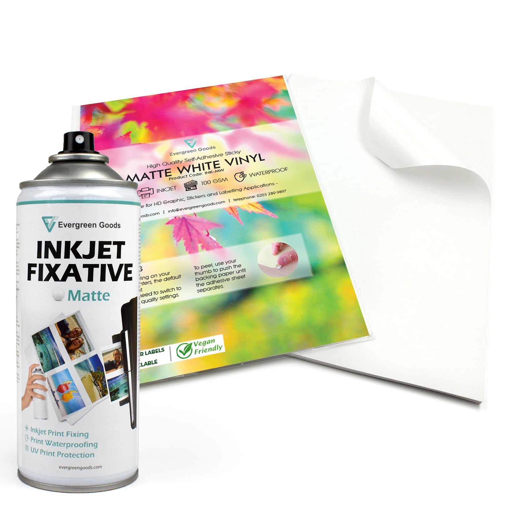 Evg White Evergreen Goods 200 Sheets A4 Waterproof Self Adhesive Matte Vinyl Sticker Paper & Matte Inkjet Fixative Spray | Inkjet & Laser Printable Sticker Paper | Print Fixative Spray For Uv Protection