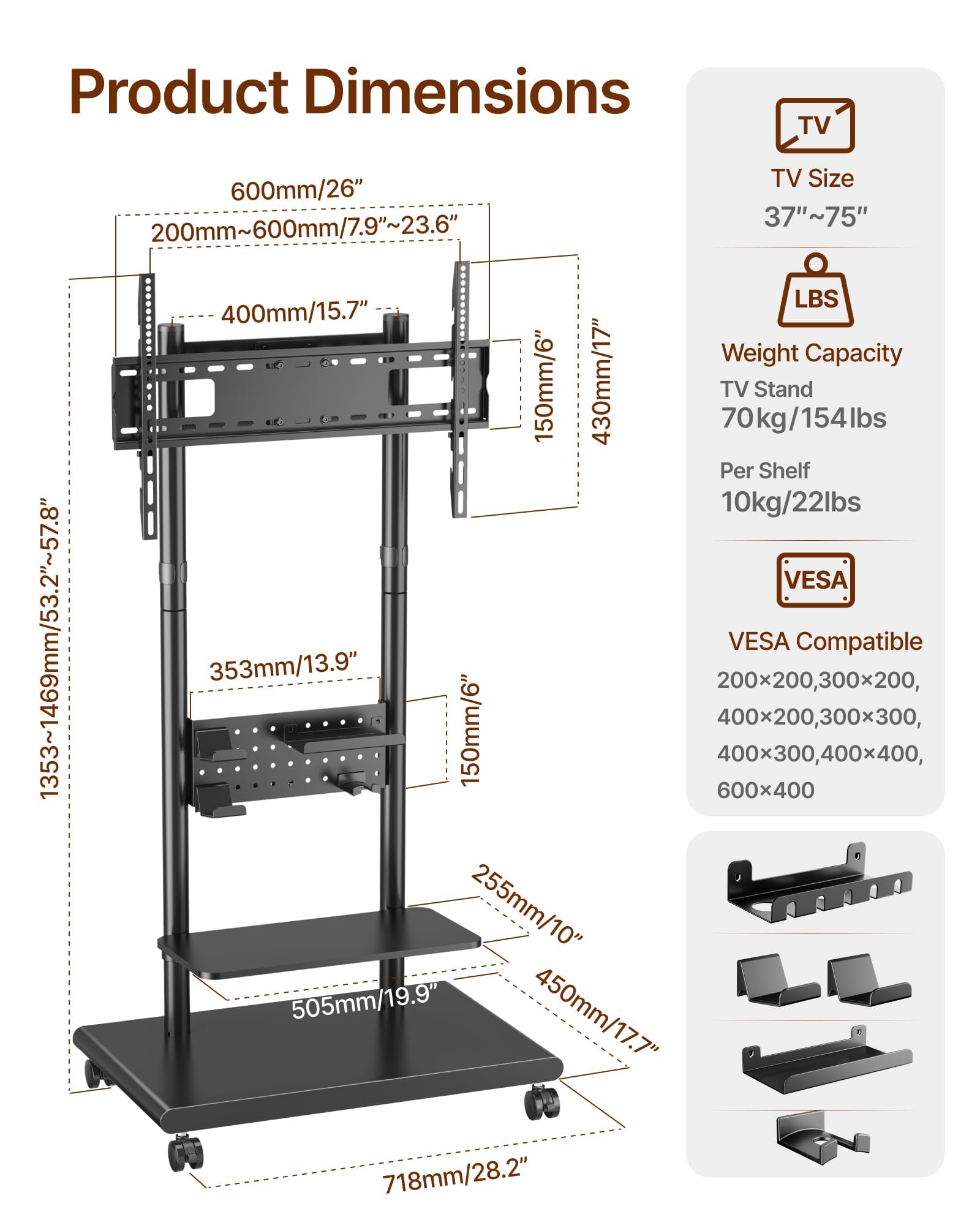 Mobile TV Stand on Wheels for 37-75 inch TVs up to 70kg, Swivel Mobile TV Cart with Shelf & Pegboard, Height Adjustable Rolling TV Trolley with Steel Base, TV Floor Stand Max VESA 600x400mm — view 8